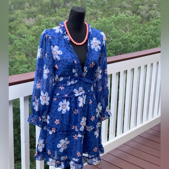 Bohemian Blue Floral Backless Drop Fit & Flare Mini Dress - Picture 4 of 16